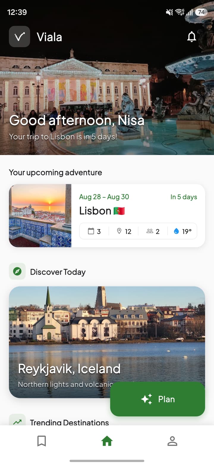 Viala home screen with your upcoming trip and What's Nearby