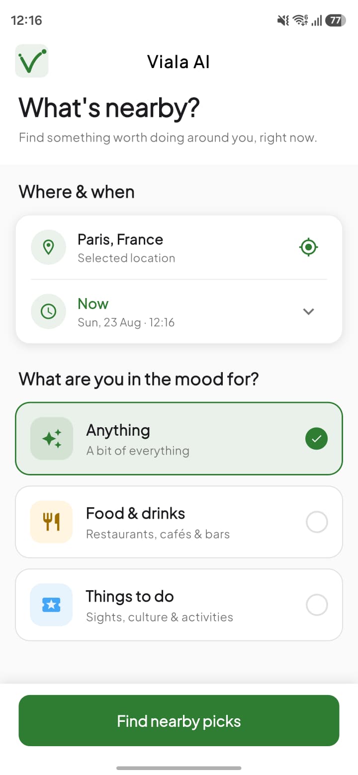 What's Nearby: places around you ranked by what's open, weather and distance