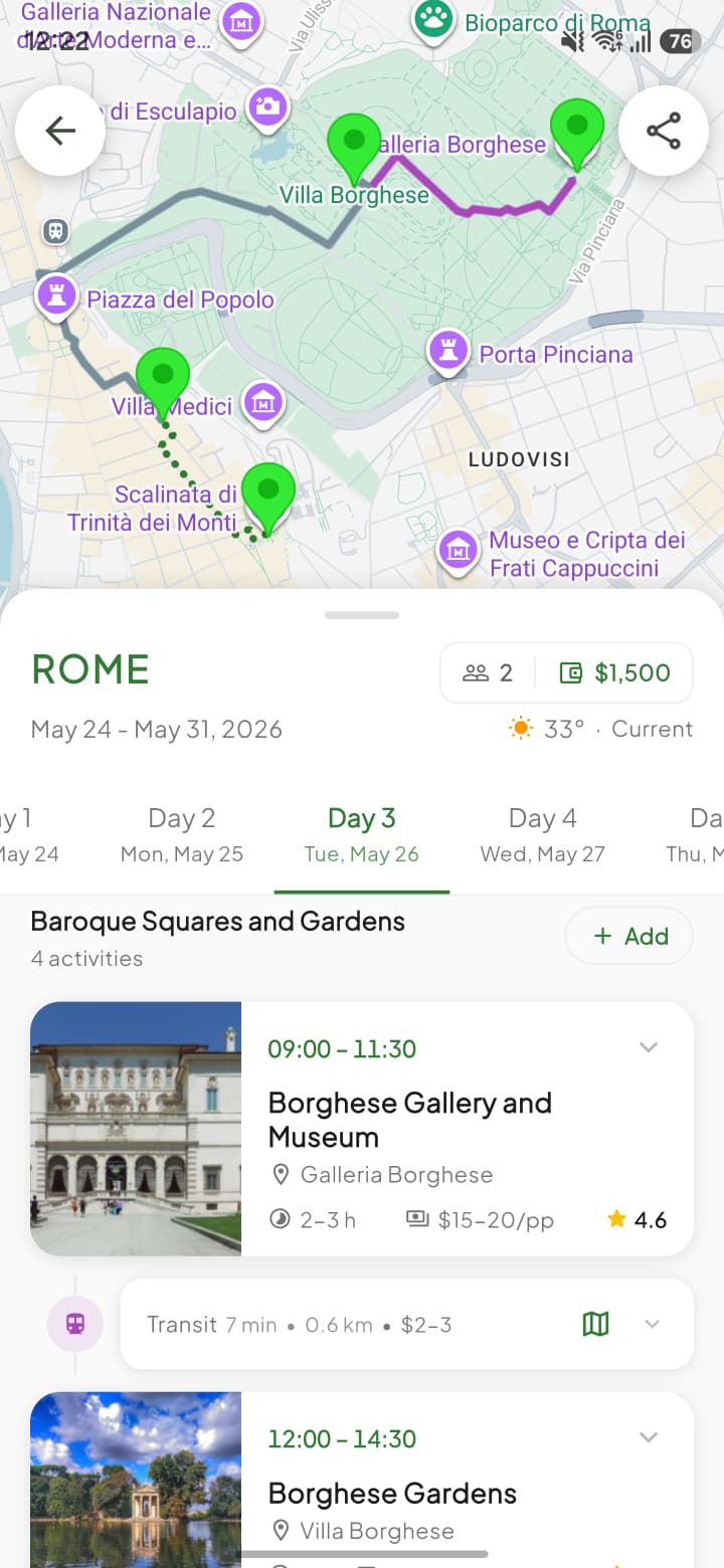 Day-by-day trip plan with stops, times and transit